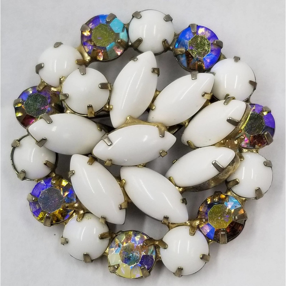 Vintage White Aurora Borealis Rhinestones Round Brooch